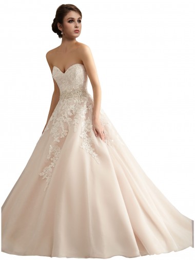 Avorio & Champagne Abito da ballo Scollatura a V Cattedrale di treno Tulle Pizzo Abiti da sposa Basso Prezzo