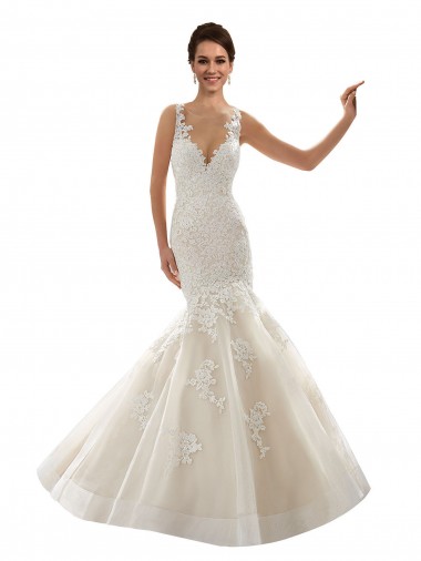 Avorio & Champagne Stile sirena Scollatura a V Tulle Pizzo Classico Abiti da sposa Basso Prezzo
