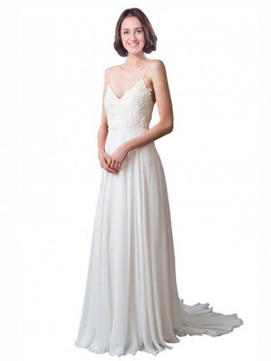 Avorio Linea A Sottili Scollatura a V Chiffona Pizzo Spiaggia Abiti da sposa Basso Prezzo